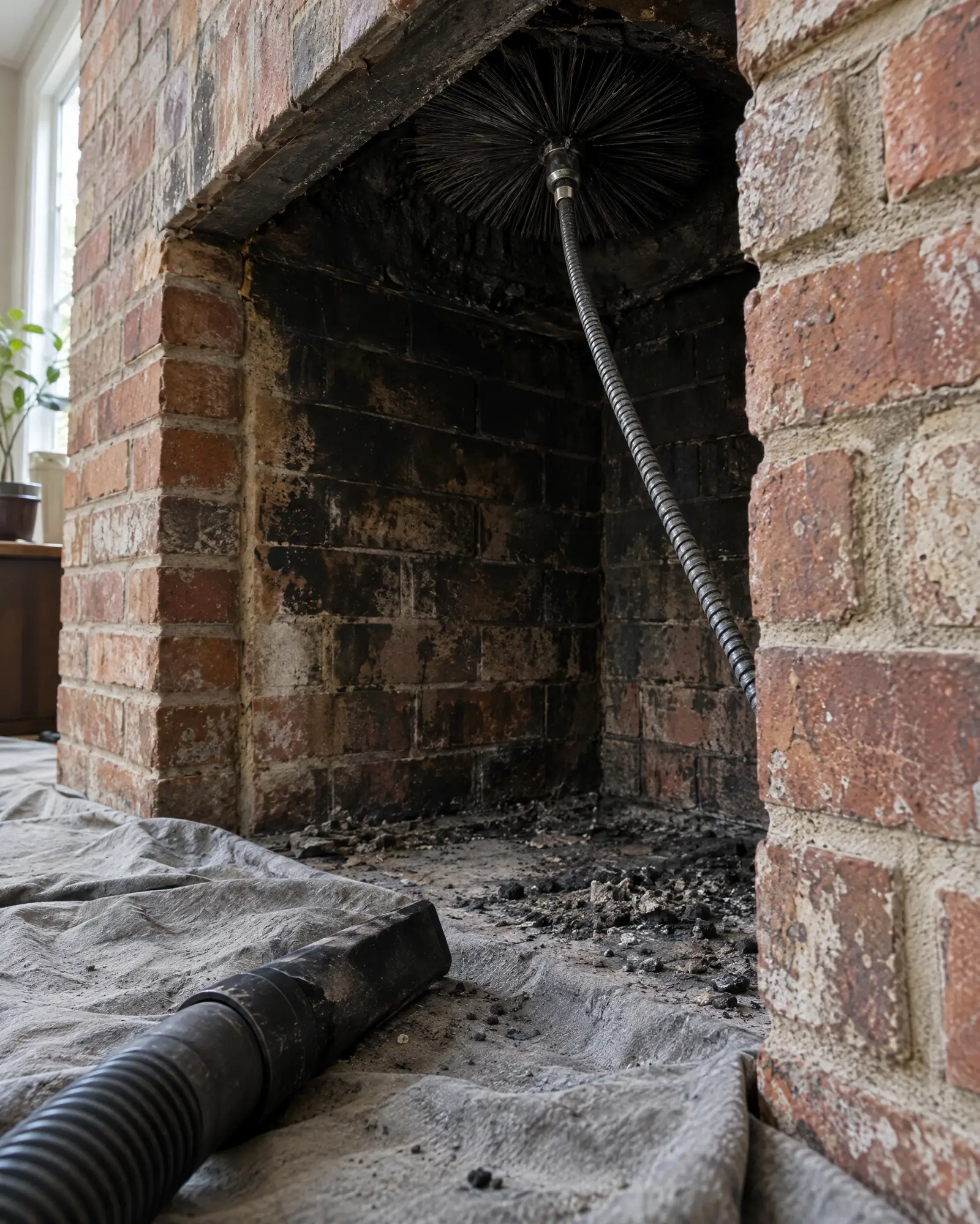 Chimney brush at the opening of a fireplace