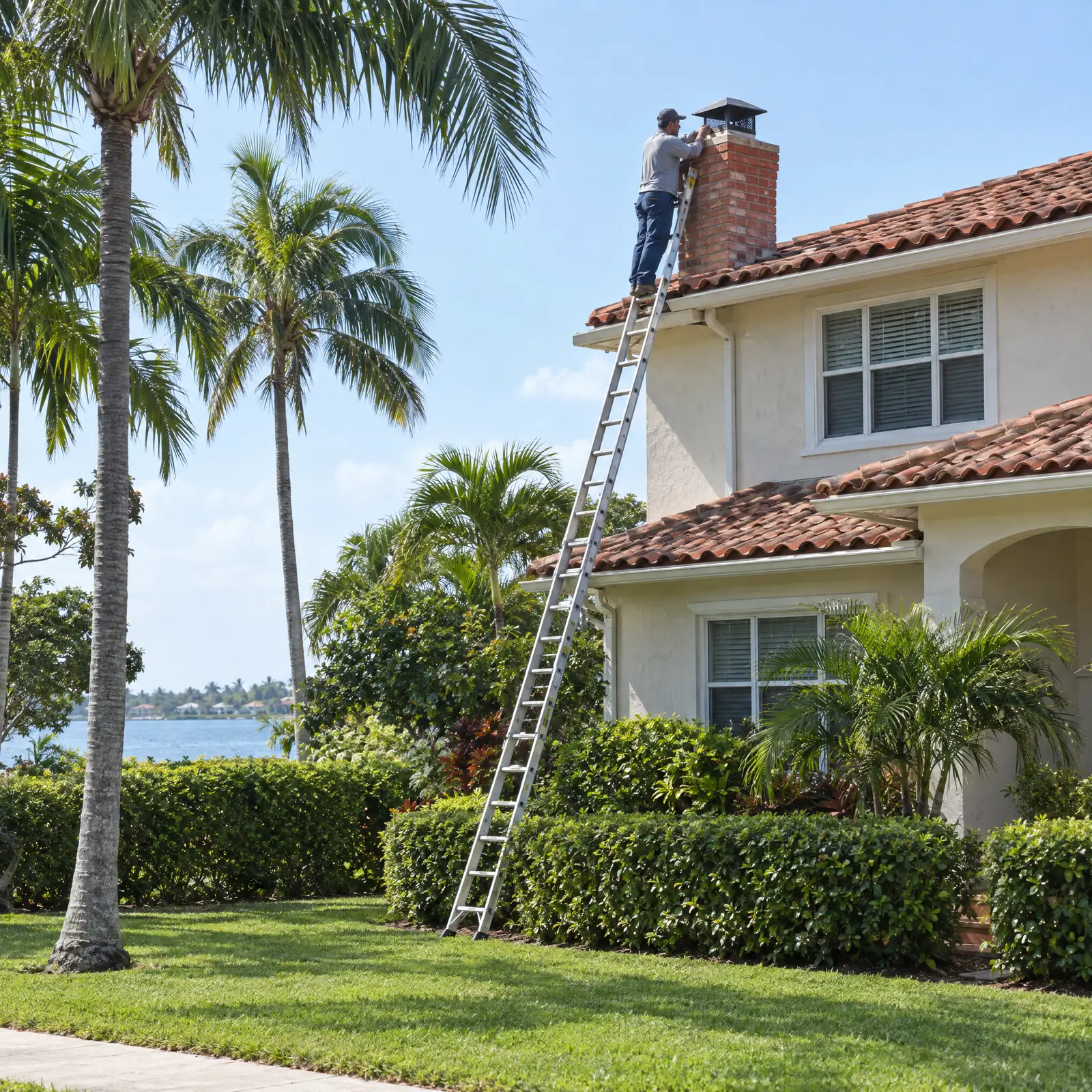 Worker on a ladder at the chimney of a two-storey stucco house near the bay