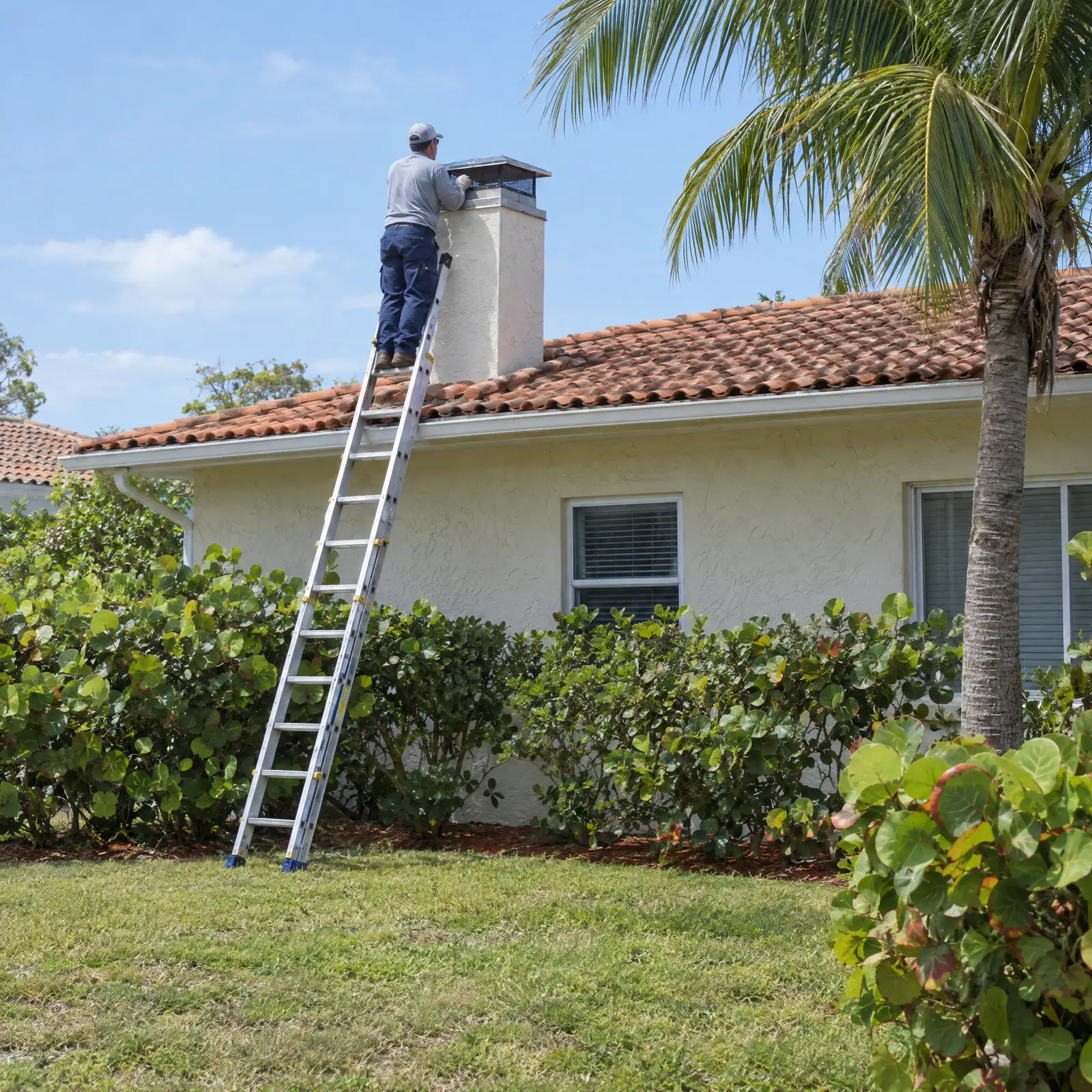 Worker on a ladder checking the chimney cap of a single-storey stucco house