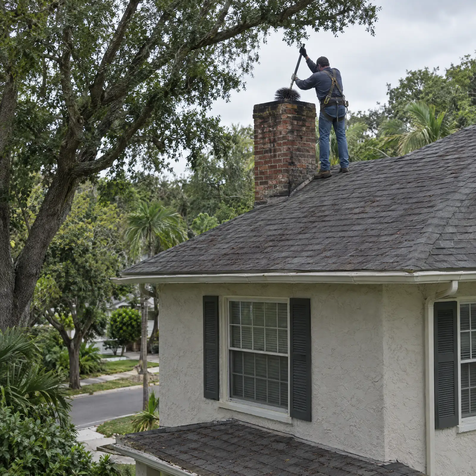 Worker sweeping an old brick chimney from the roof of a two-storey house