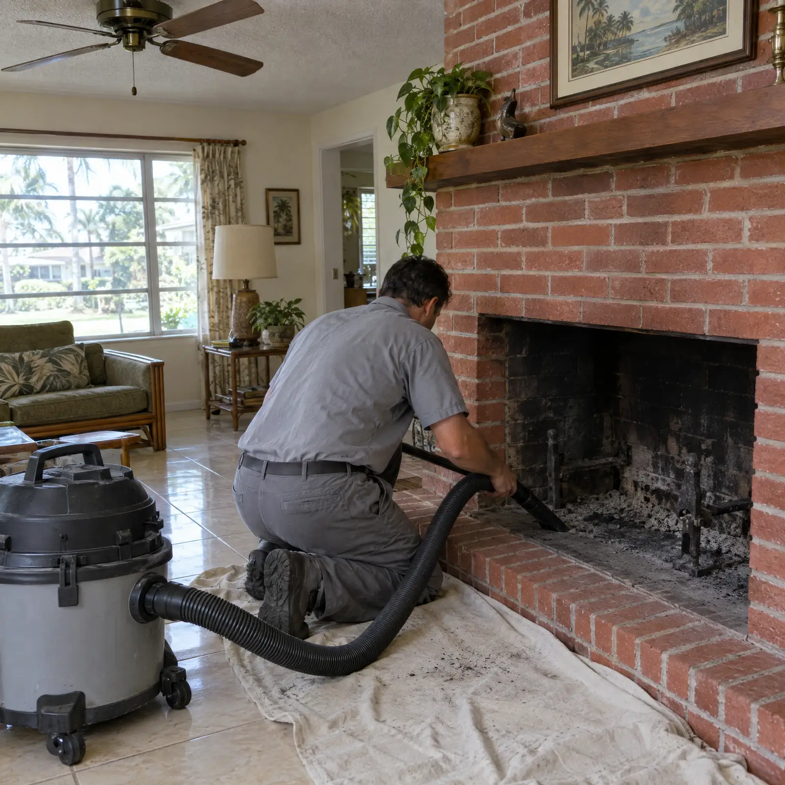 Technician vacuuming soot from a brick fireplace hearth