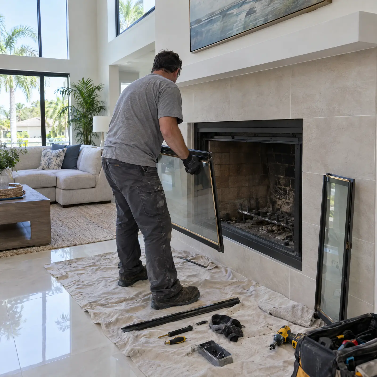 Technician removing the glass doors of a factory-built fireplace