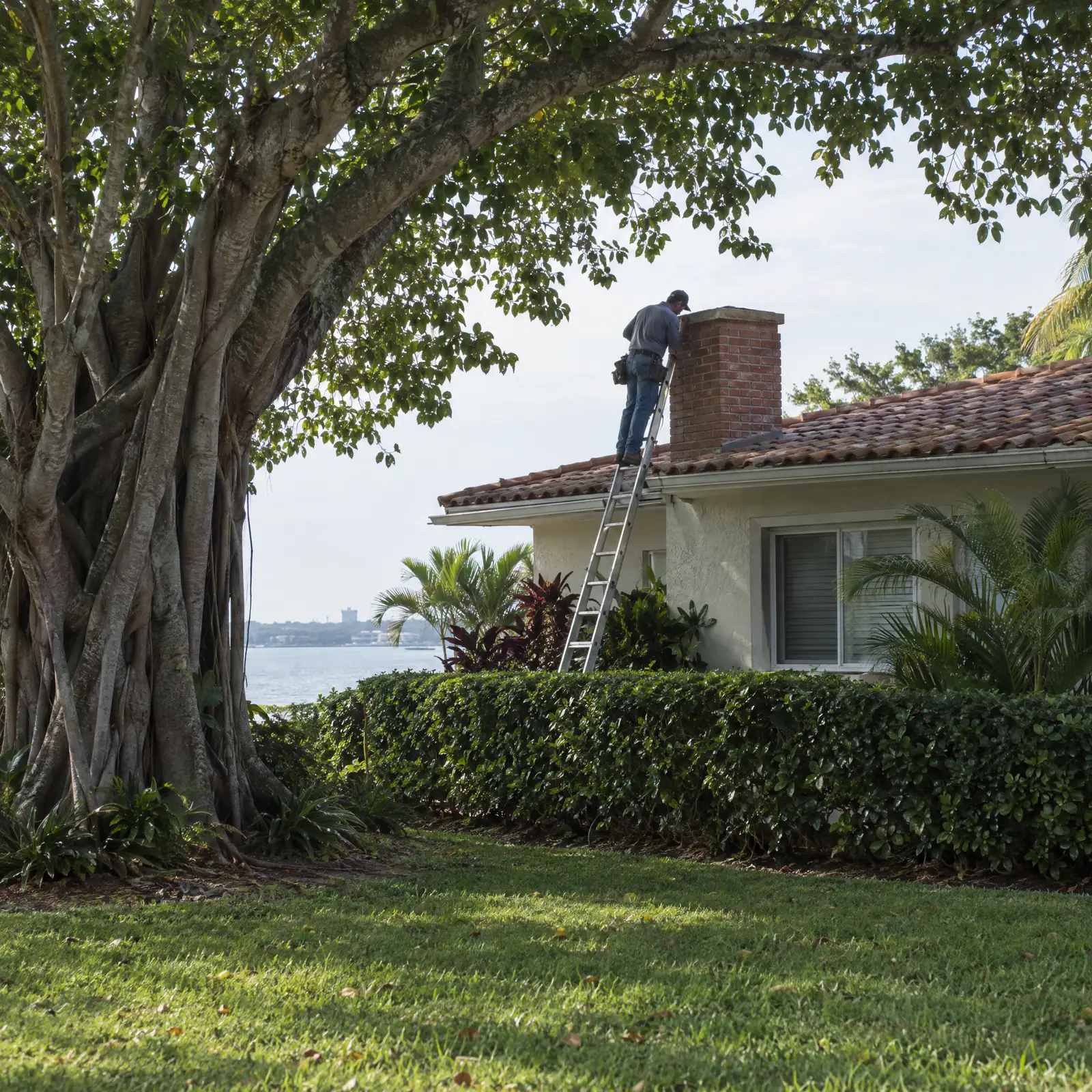Worker on a ladder checking a brick chimney beside a large shade tree