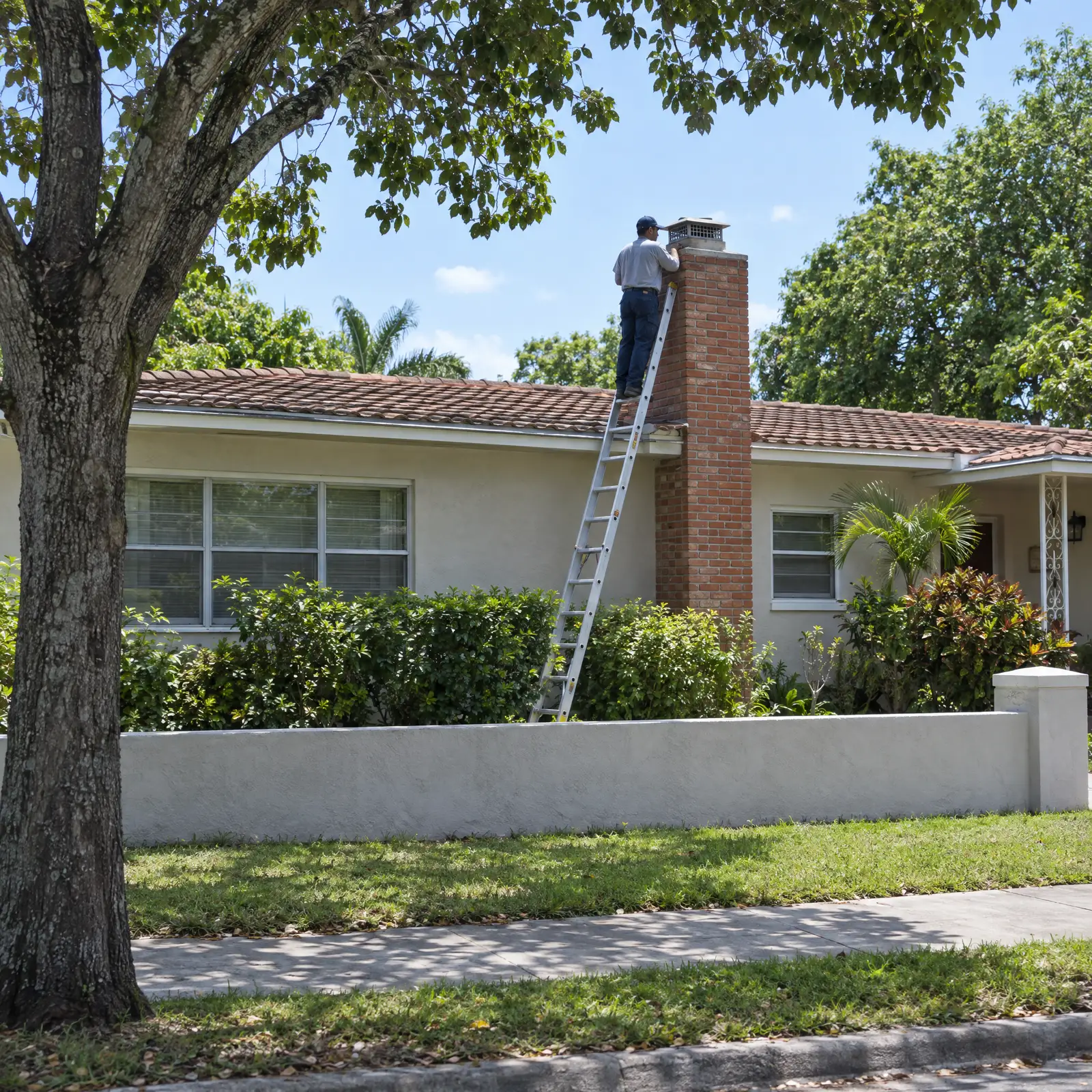 Worker on a ladder checking the brick chimney of a single-storey stucco house