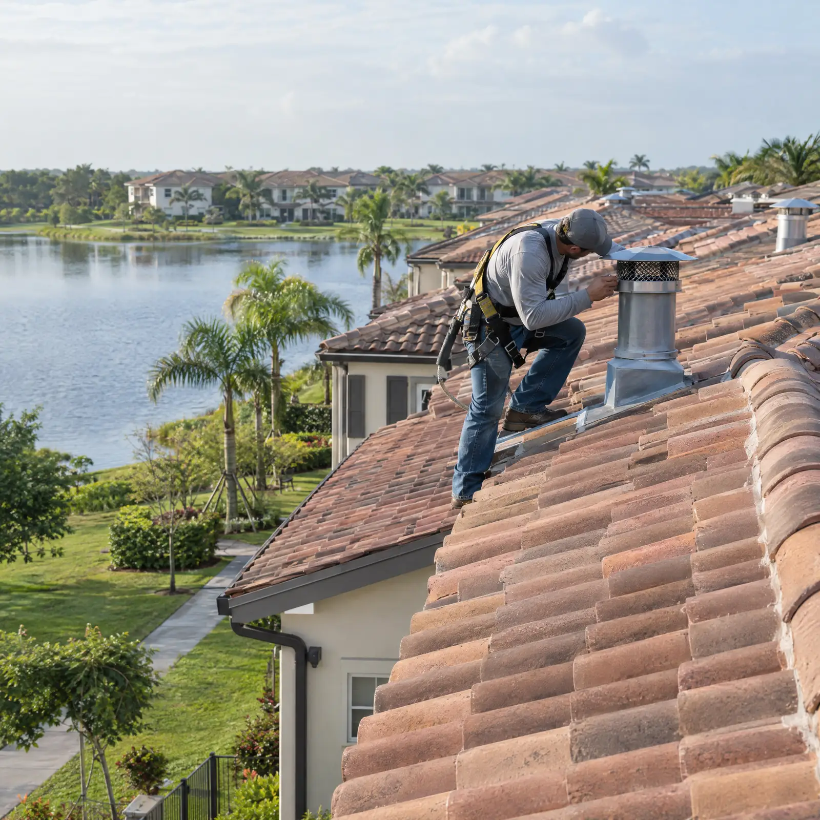 Worker checking a metal chimney cap on a townhouse roof