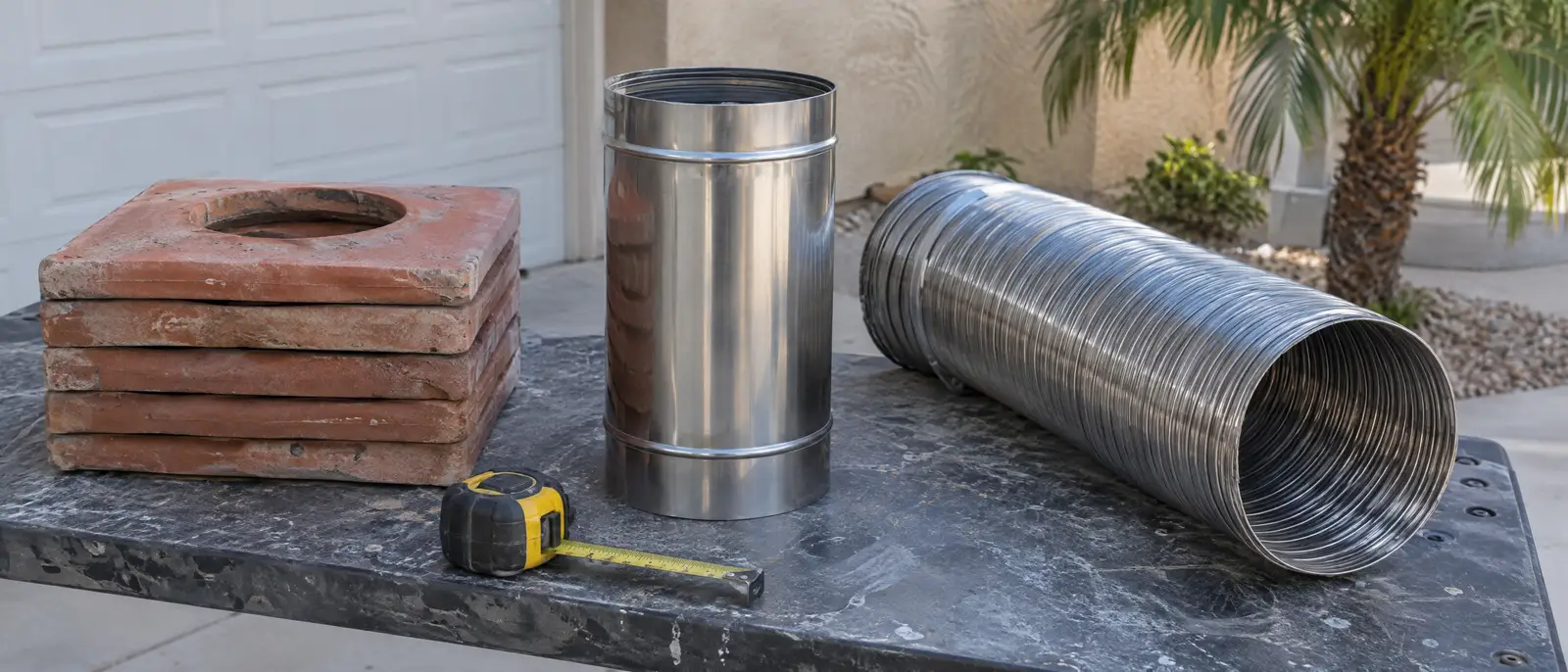 Clay flue tiles beside a section of stainless steel liner