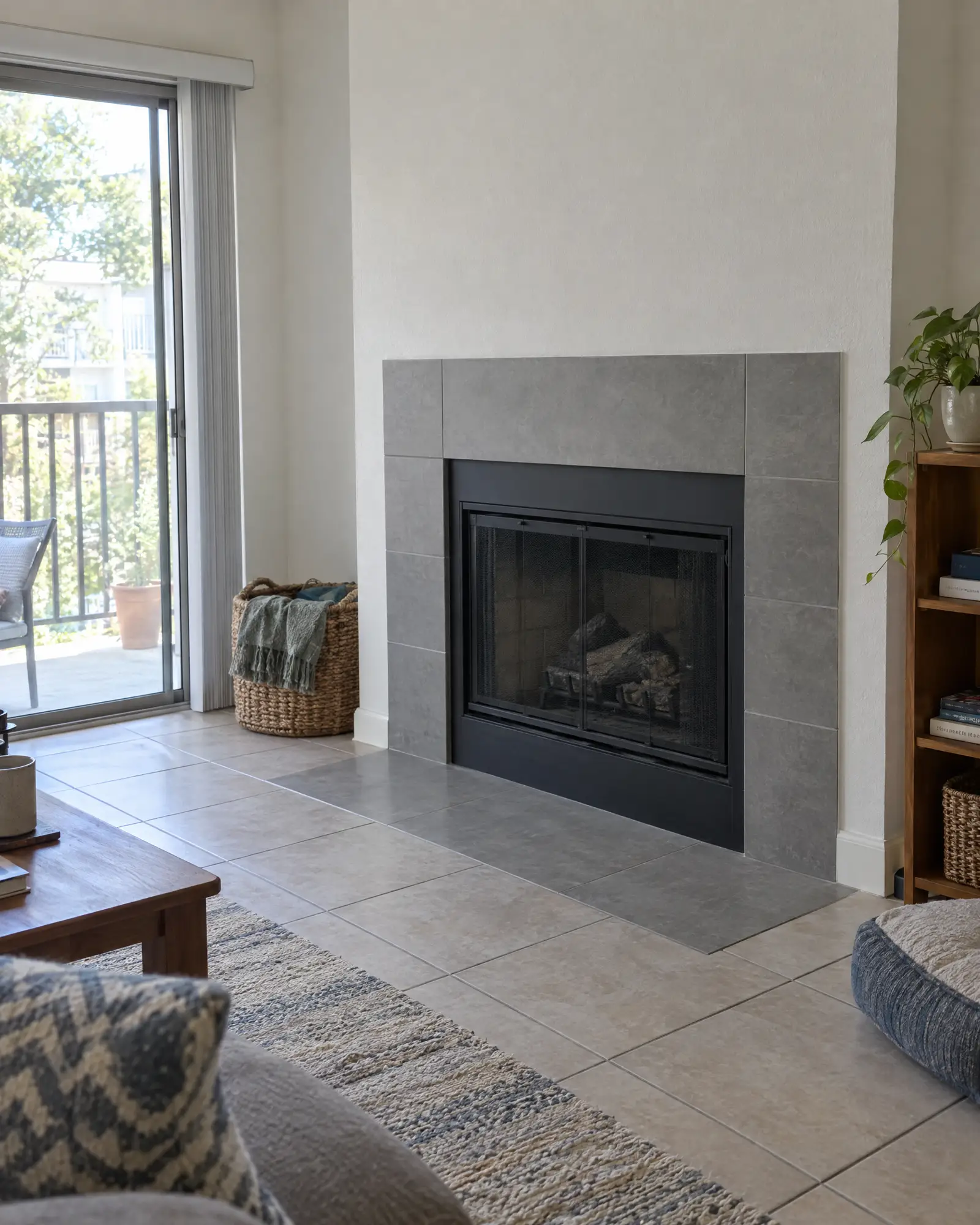 Fireplace in a bright living room