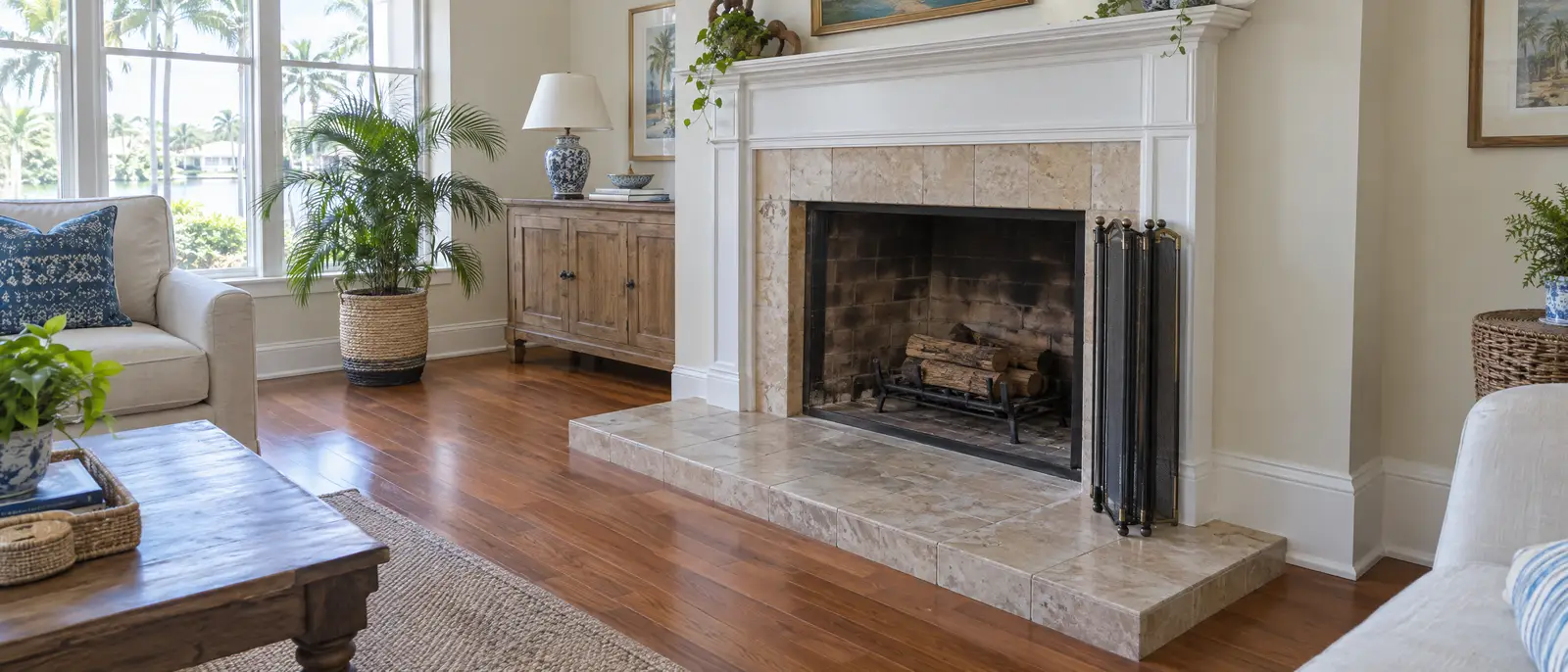 Fireplace opening with a hearth extension in front