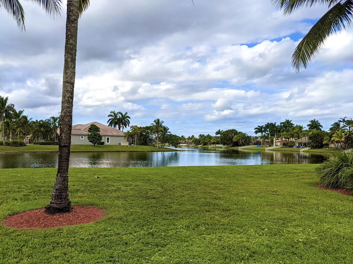 Lake and homes at Pembroke Falls, a residential community in Pembroke Pines