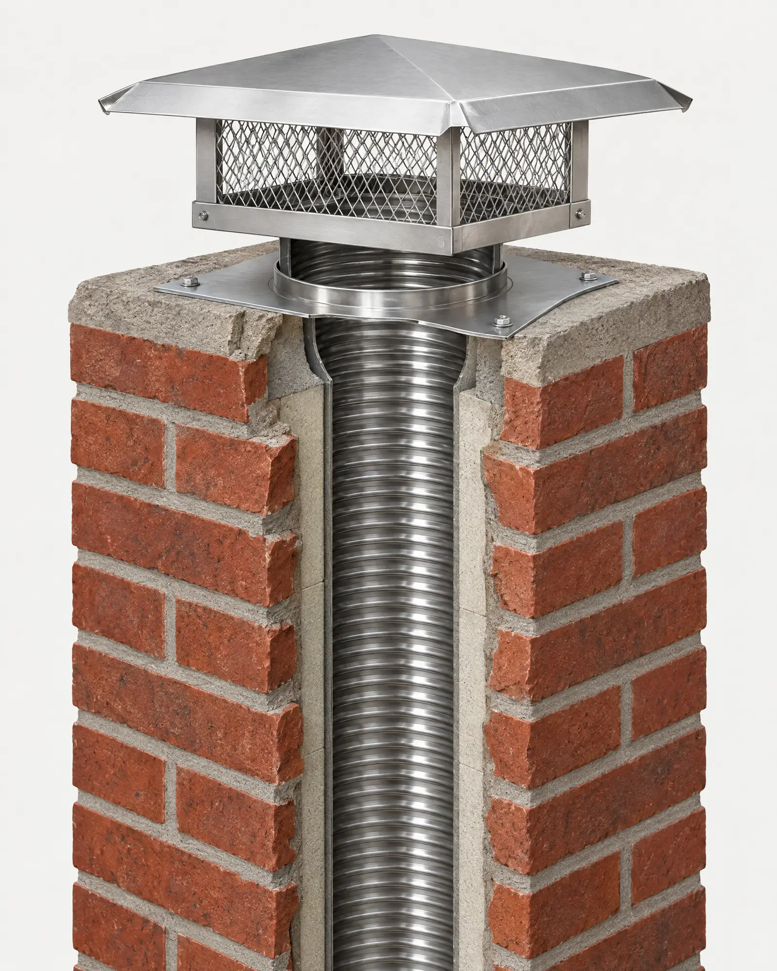 Illustration of a stainless steel liner inside a masonry chimney