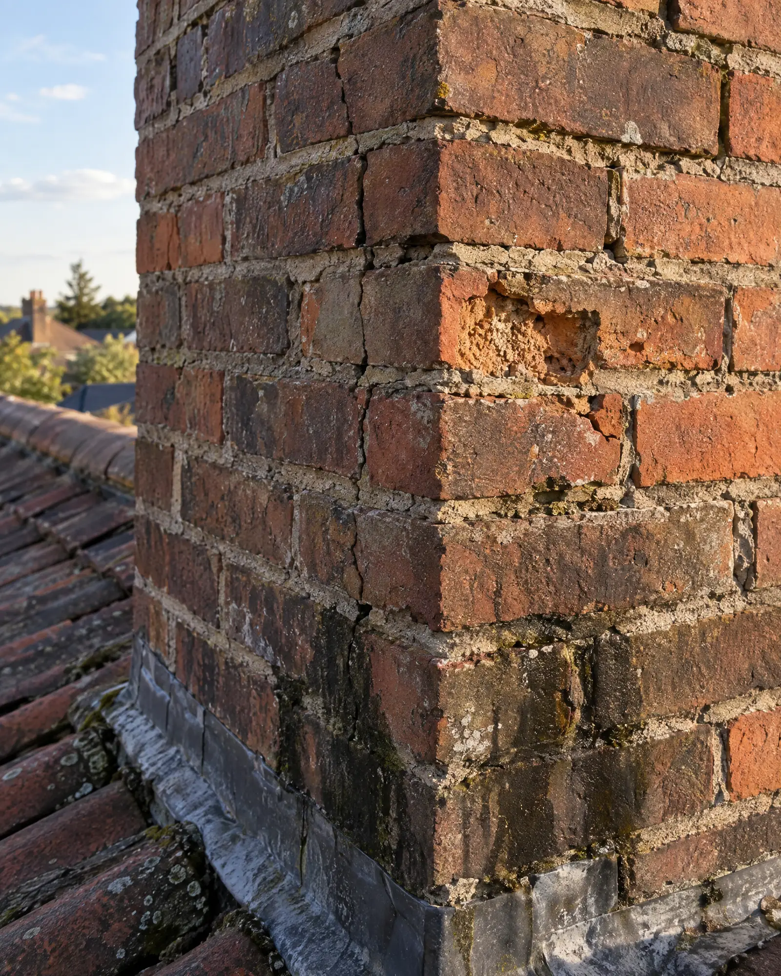 Weathered brick and worn mortar joints on a chimney